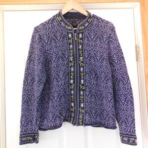 Nomadic‎ Traders Cardigan Sweater Womens M Purple Full Zip Ramie Cotton Flowers